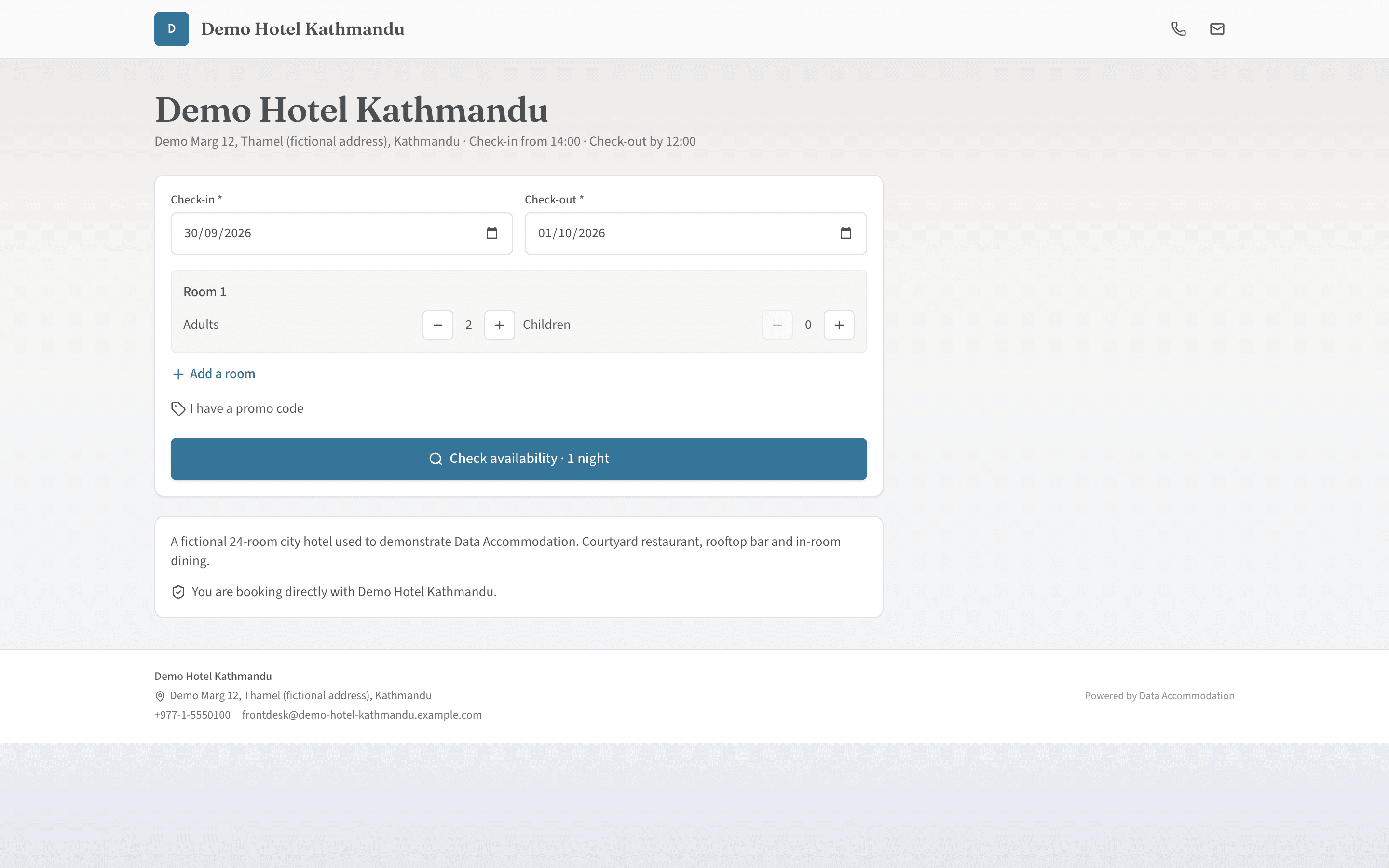 Guest-facing booking page showing room types, prices and a booking summary