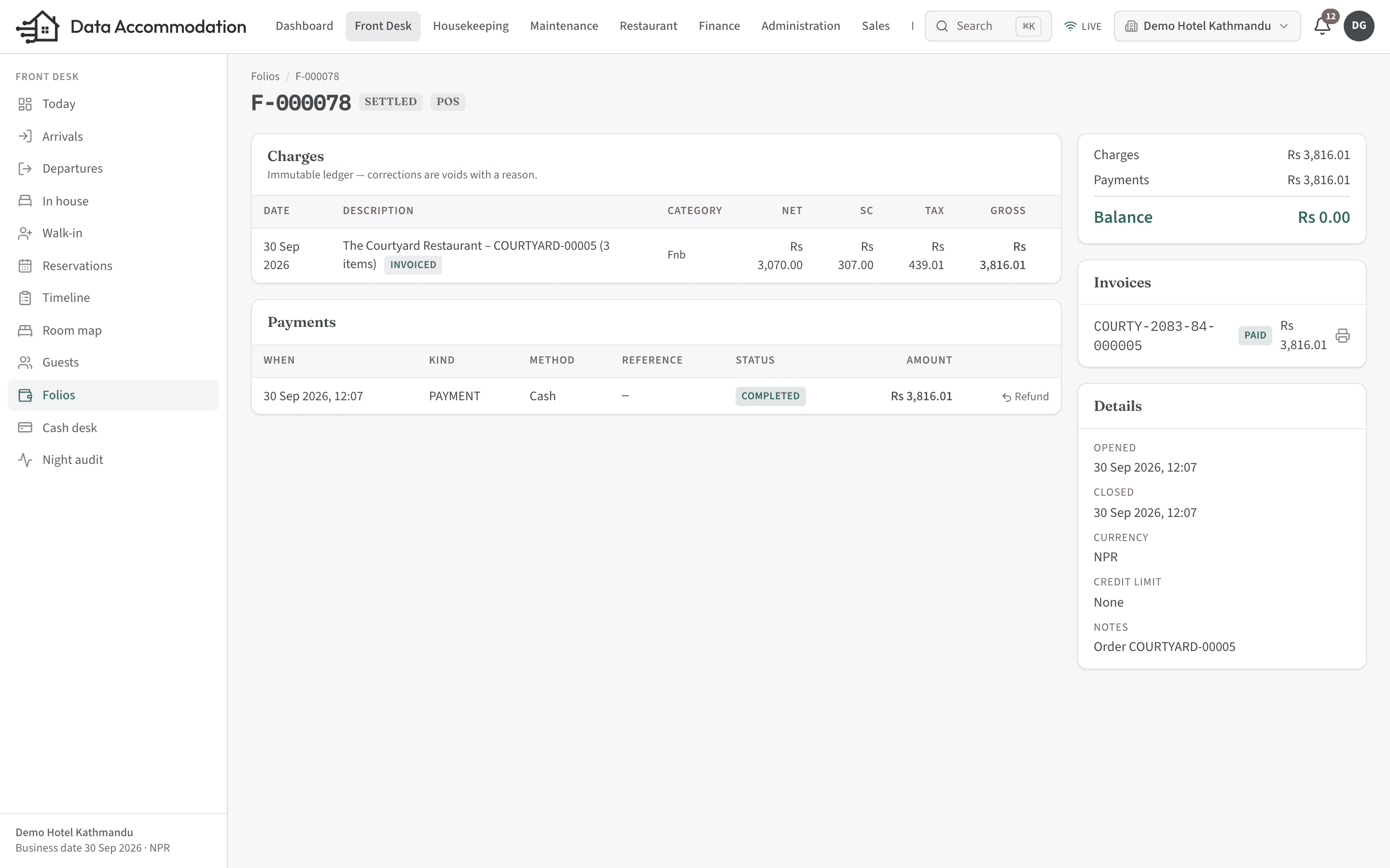 Guest folio with room nights, restaurant charges, taxes and payments