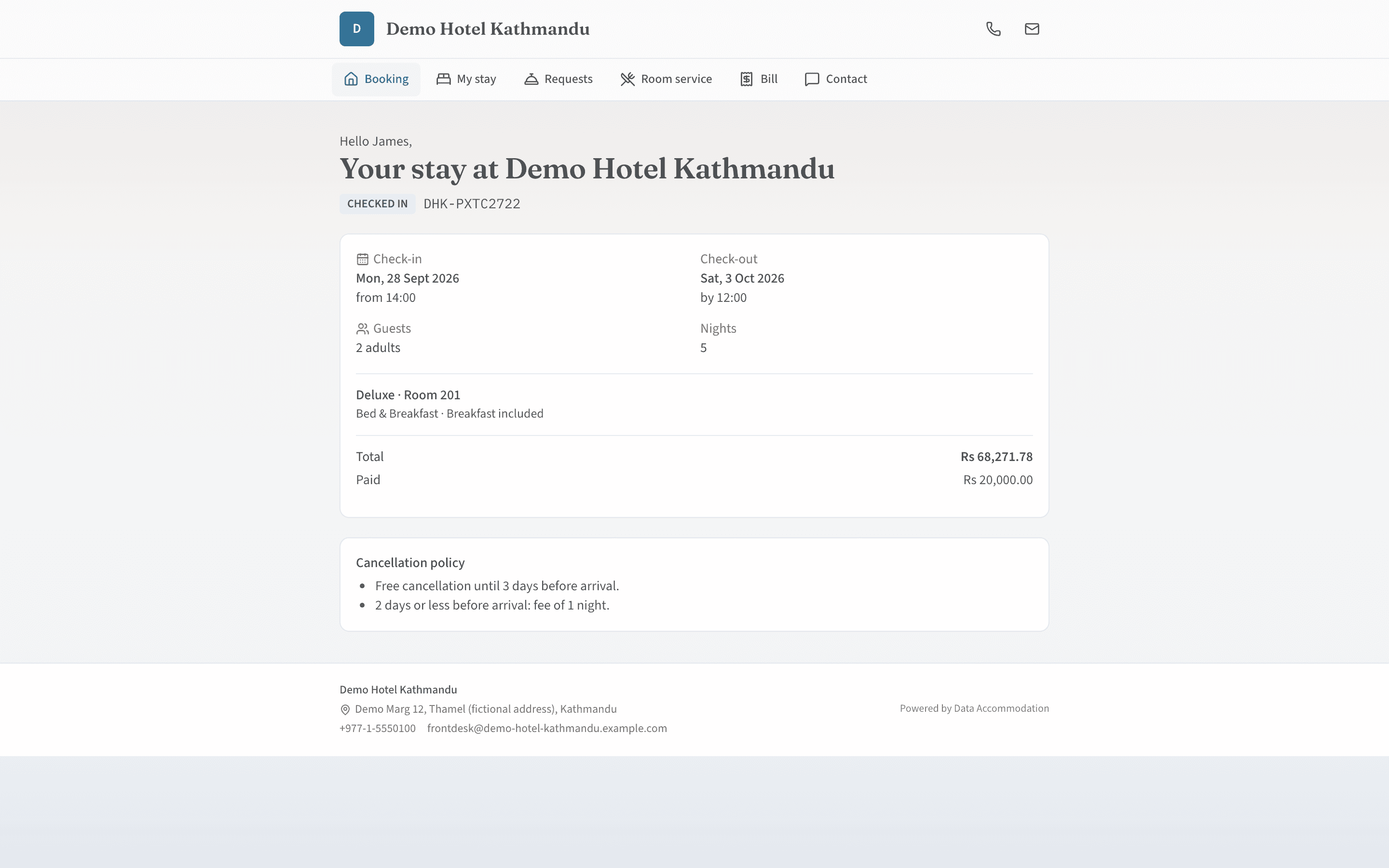 Guest portal on a phone showing the stay, requests and room service