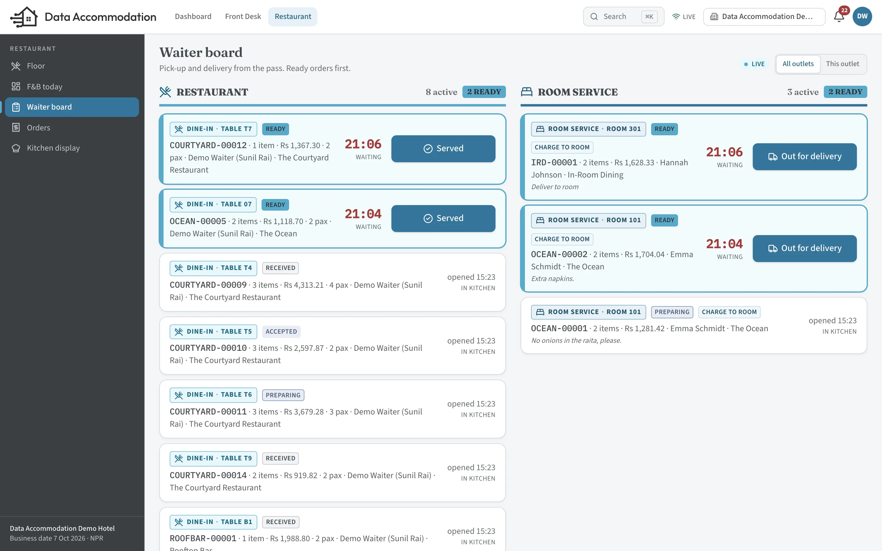 The pick-up board split into restaurant and room-service orders, with ready orders first