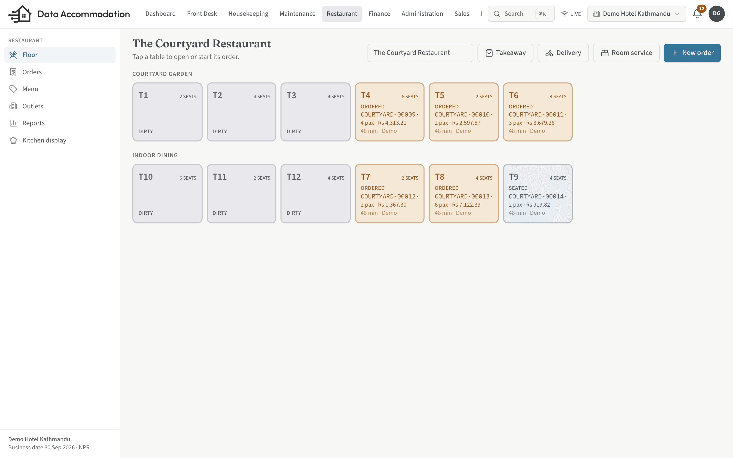 POS order screen with menu categories, items and the table’s open bill