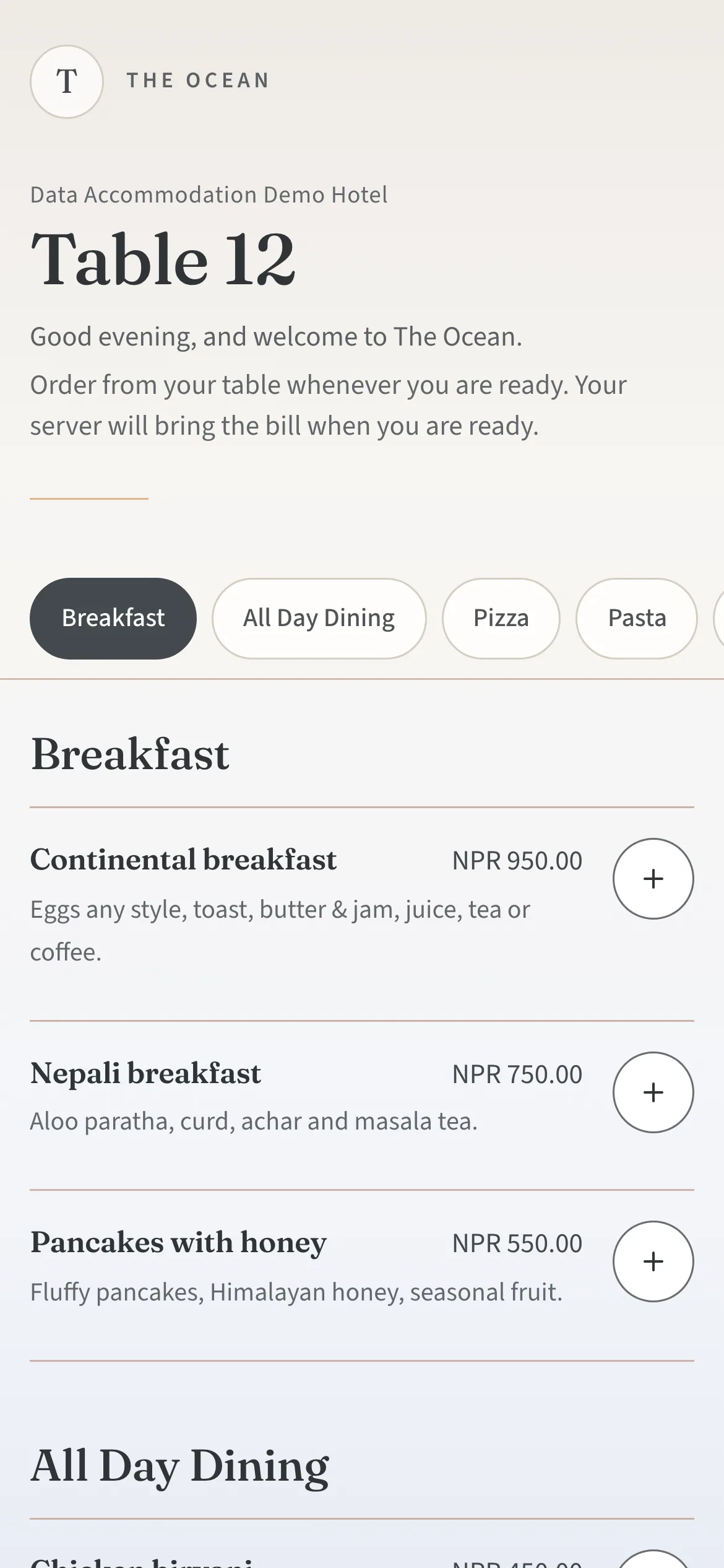 The restaurant menu for Table 12 at The Ocean, with dine-in prices