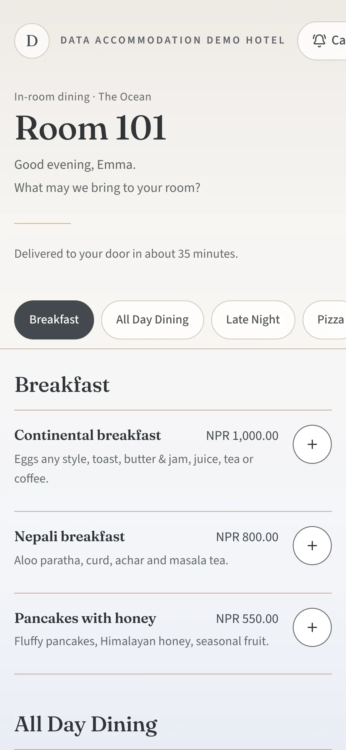 The room-service menu for Room 101: “Good evening, Emma”, delivery in about 35 minutes, breakfast at room-service prices